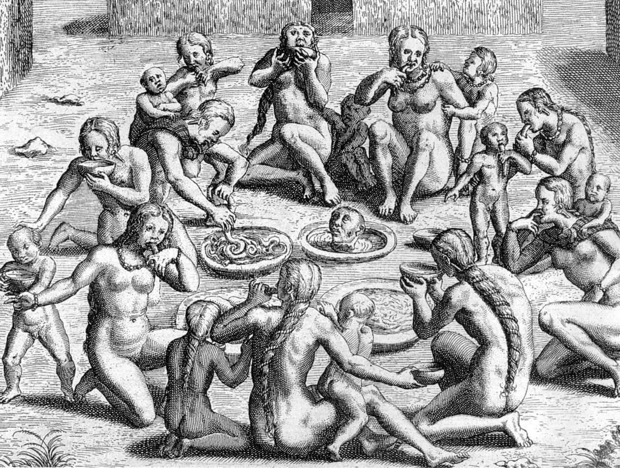 Rosół jest zrobiony z jelit: kanibalizm Indian w Nowym Świecie (Amazonia), rycina Theodore de Bry do książki „Le Voyage au Brezil de Jean de Lery 1556-1558” opublikowanej w 1578 r. autorstwa Theodor de Bry