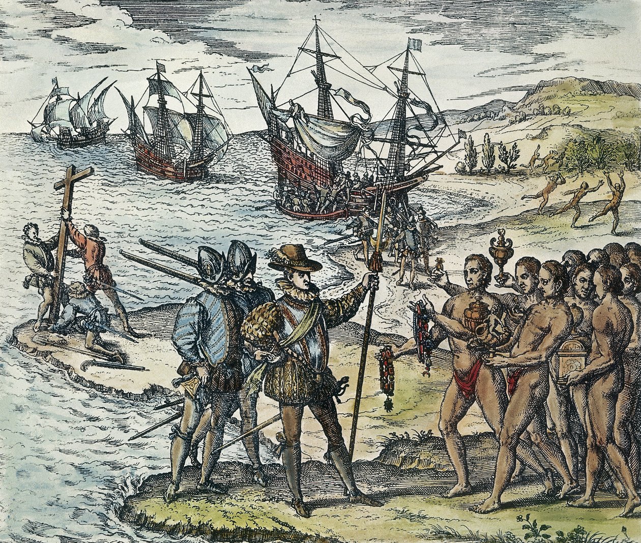 Lądowanie Kolumba w Indiach. 1594 (ksylografia) autorstwa Theodor de Bry