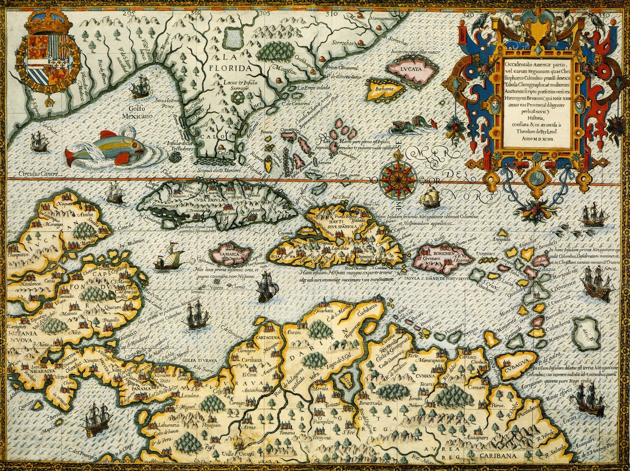 DeBry Mapa Karaibów i Florydy1594 autorstwa Theodor de Bry