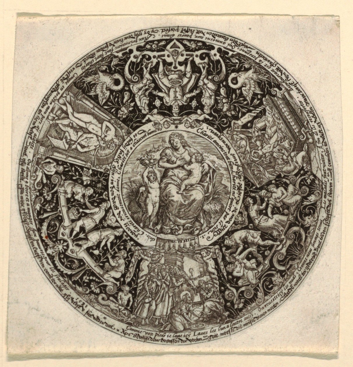 Projekt Grawerowanej Tazzy z Alegorią Miłosierdzia autorstwa Theodor de Bry
