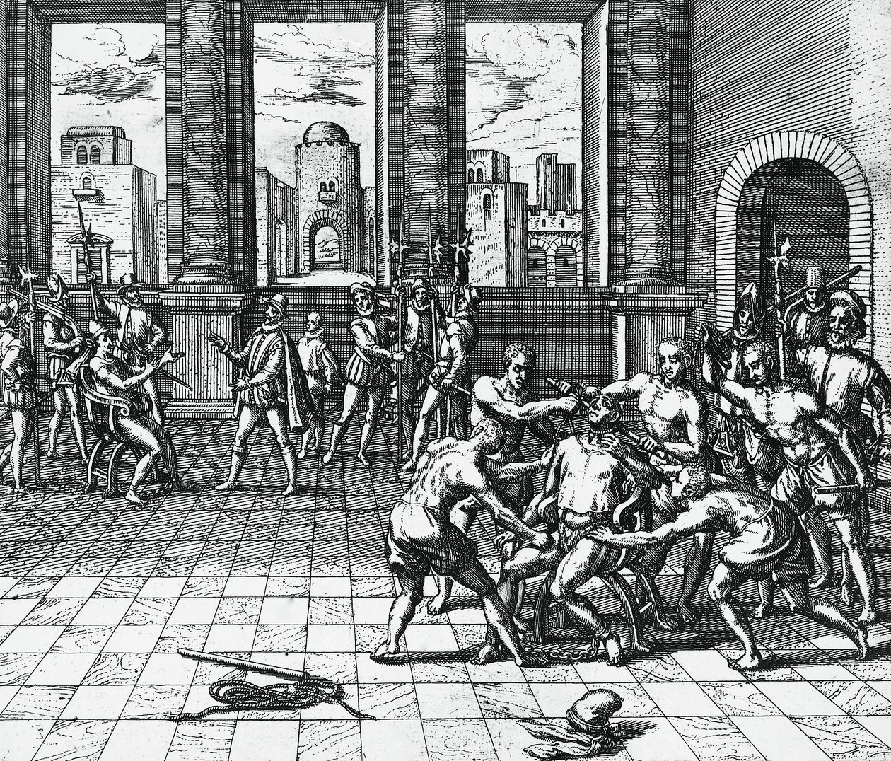 Cesarz Inków Atahualpa duszony przez wojska Pizarra, 26 lipca autorstwa Theodor de Bry