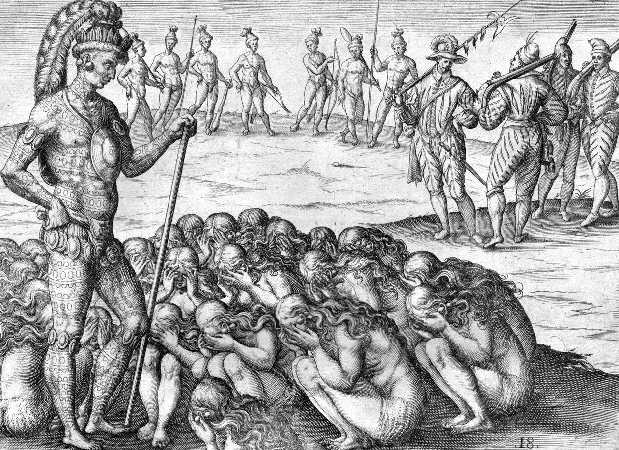 Indiańscy jeńcy saturiwa przez Indian potano autorstwa Theodor de Bry