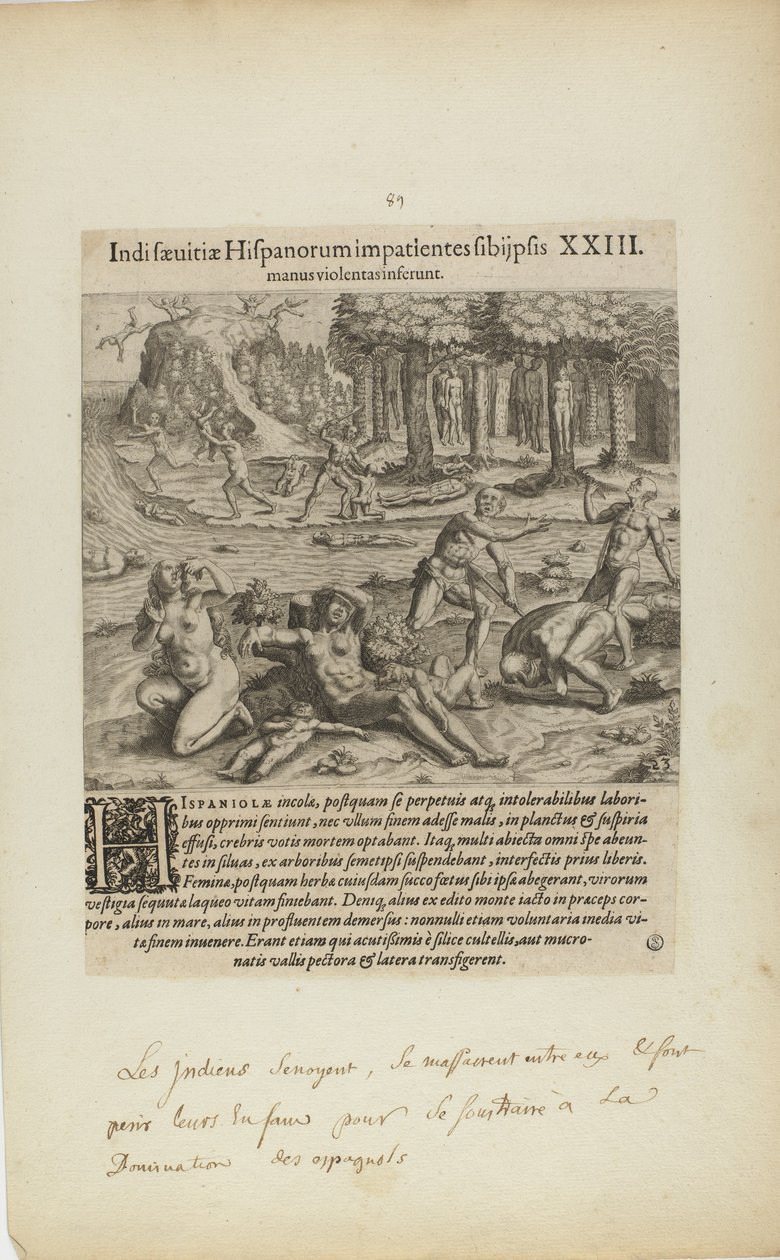 Indisaeuitiae Hispanorum Impatientes Sibi Psis/Manus Violentas Inserunt. XXIII. (z książki Americae, część czwarta) autorstwa Theodor de Bry