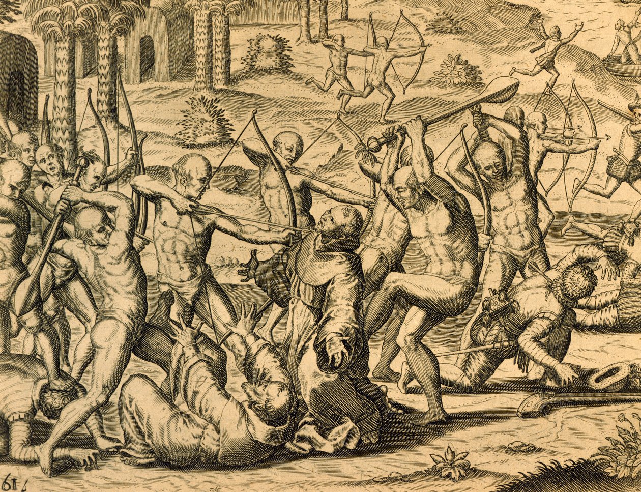 Męczeństwo mnichów misyjnych w Ameryce Południowej, rycina z Historia americae, Theodor de Bry (1528-1598), Frankfurt autorstwa Theodor de Bry