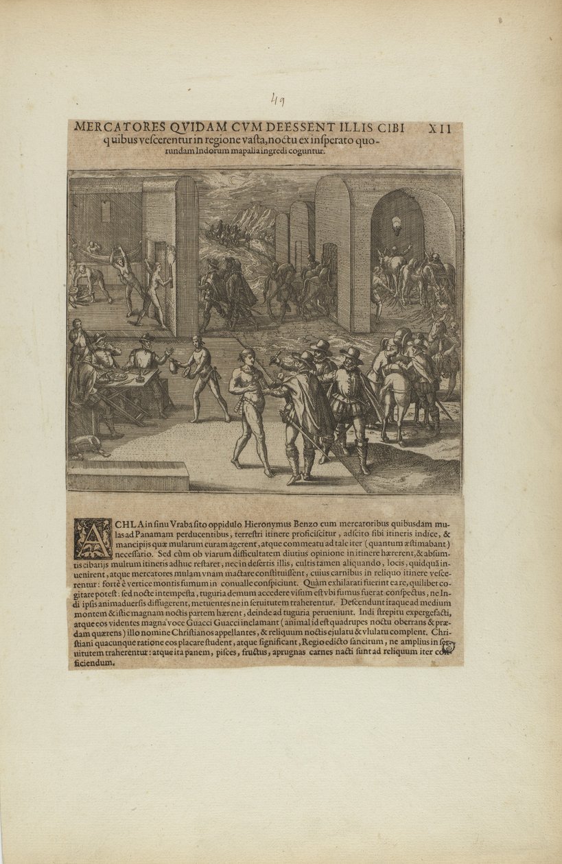 Mercatores Quidam cum Deessent Illis Cibi/Quibus Vescerentur in.... (z książki Americae, część piąta) autorstwa Theodor de Bry