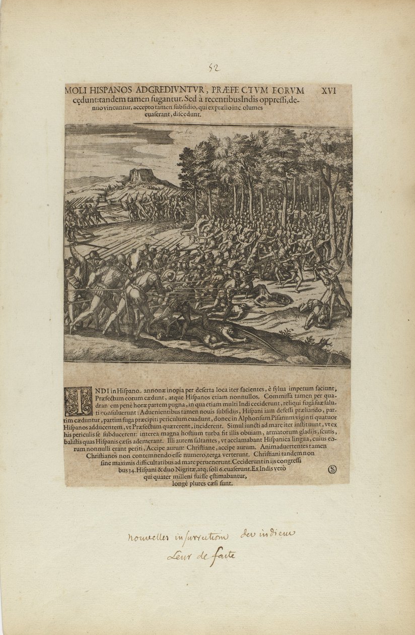 Moli Hispanos Adgrediuntur, Praefe Ctum Eorum/Cedunt: Tandeum.... (z książki Americae, część piąta) autorstwa Theodor de Bry