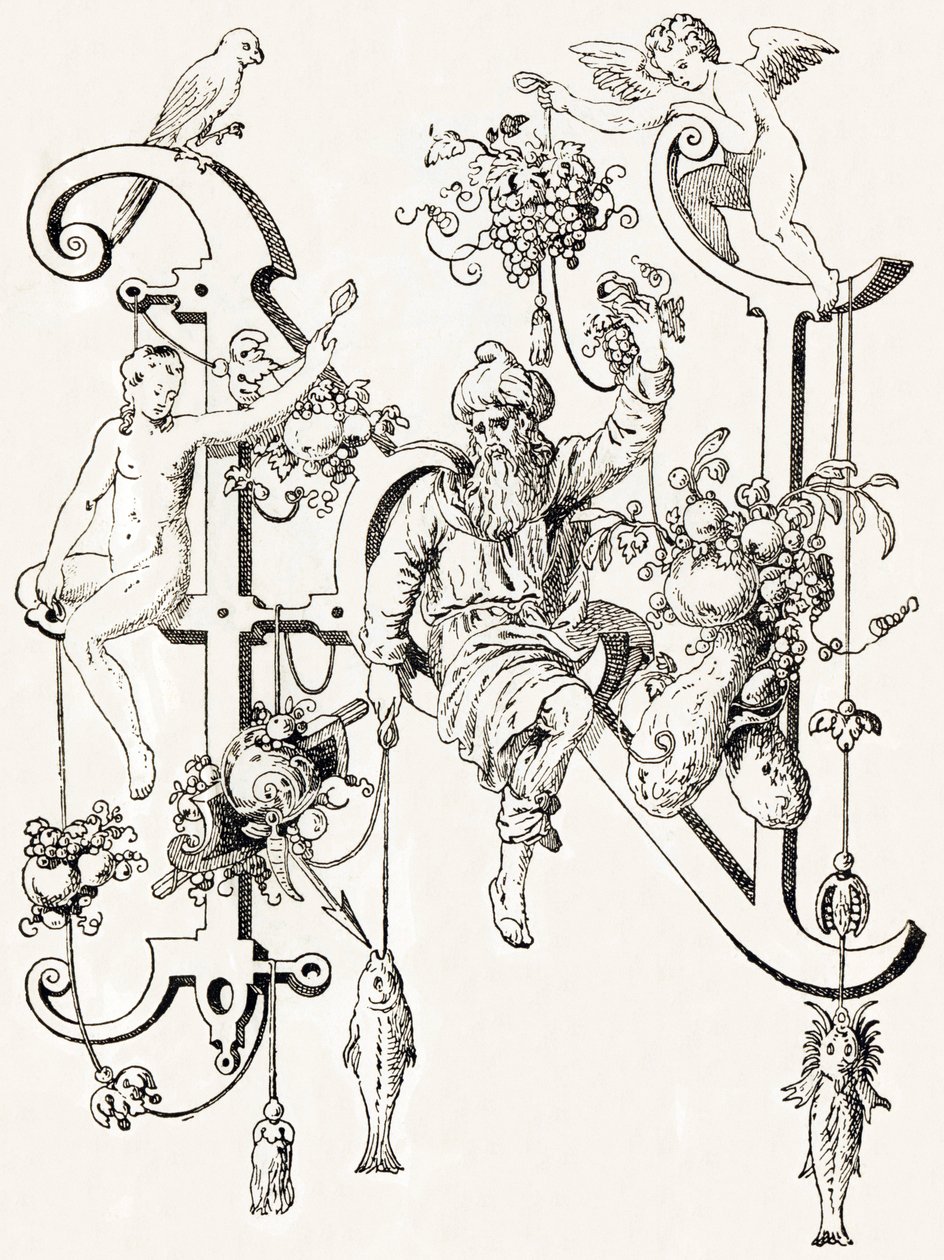 N - El sabio Natham - Alfabet autorstwa T. de Bry (nowy alfabet artystyczny) autorstwa Theodor de Bry