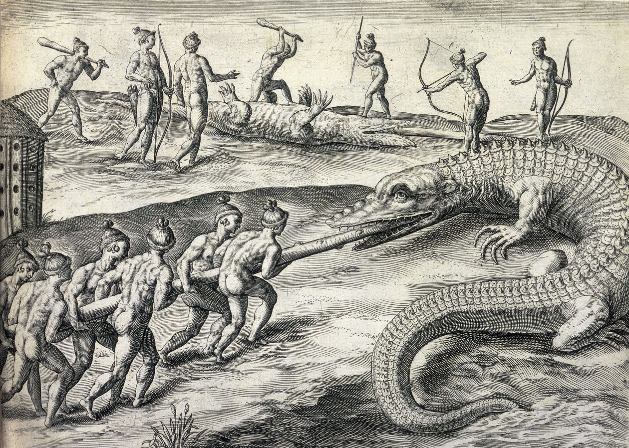 Nadzy rdzenni Amerykanie polujący na aligatory na Florydzie, USA autorstwa Theodor de Bry