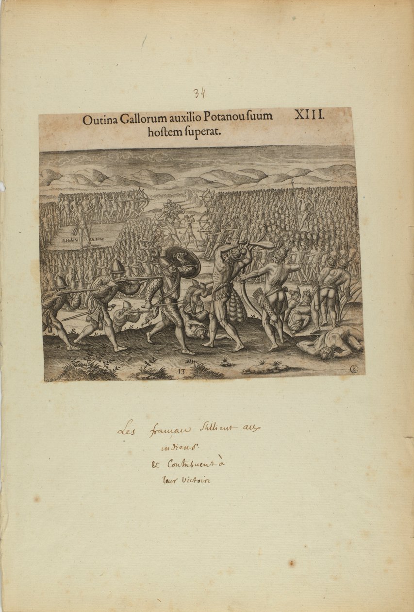 Outina Gallorum Auxilio Potanou Suum Hostem Superat. XIII. (z książki Americae, część druga) autorstwa Theodor de Bry