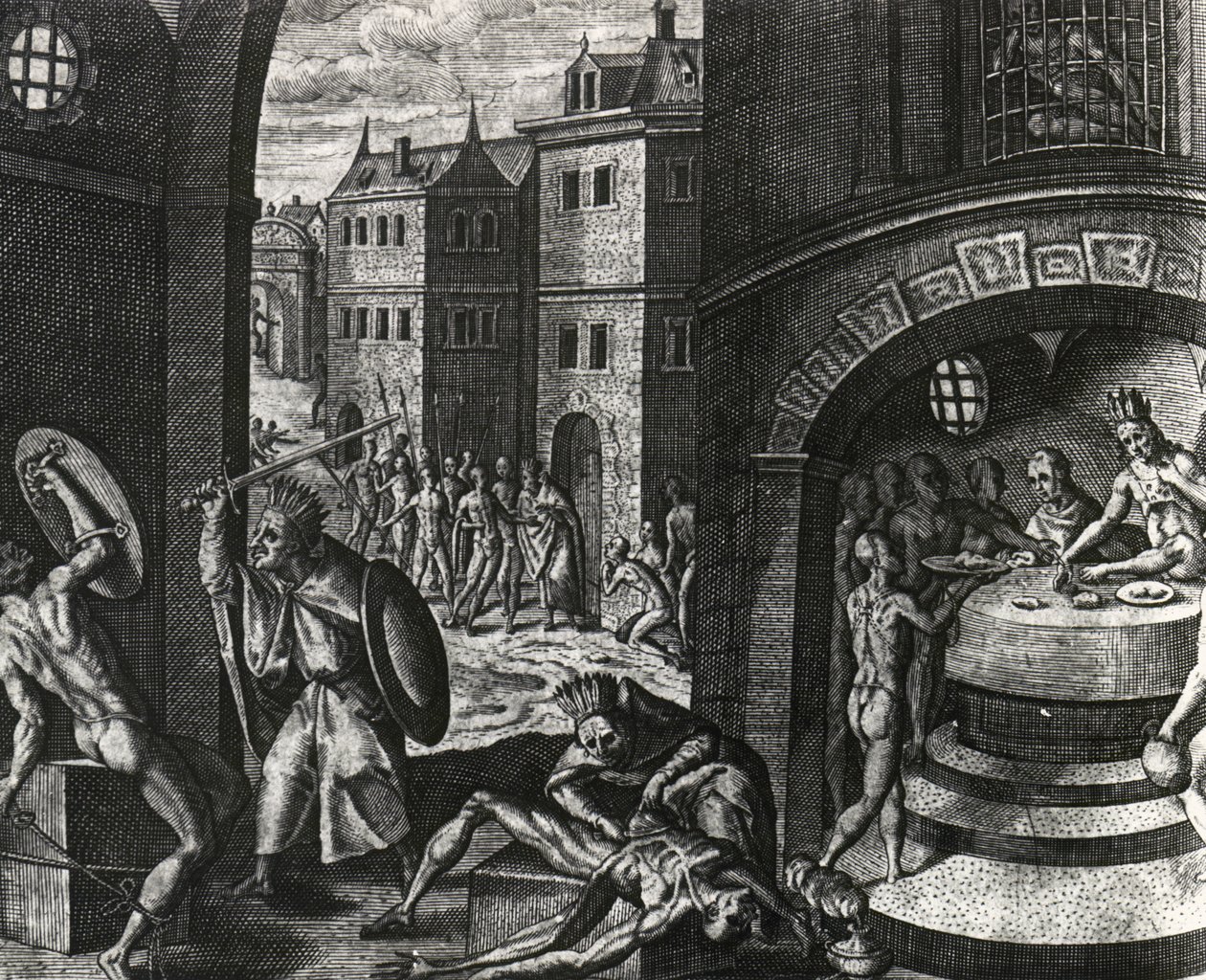 Ksiądz zabija ofiarę fałszywej walki, a następnie oskóruje ciało, Meksyk, rycina z Peregrinationes, Theodor de Bry (1528-1598), Ameryka Środkowa autorstwa Theodor de Bry