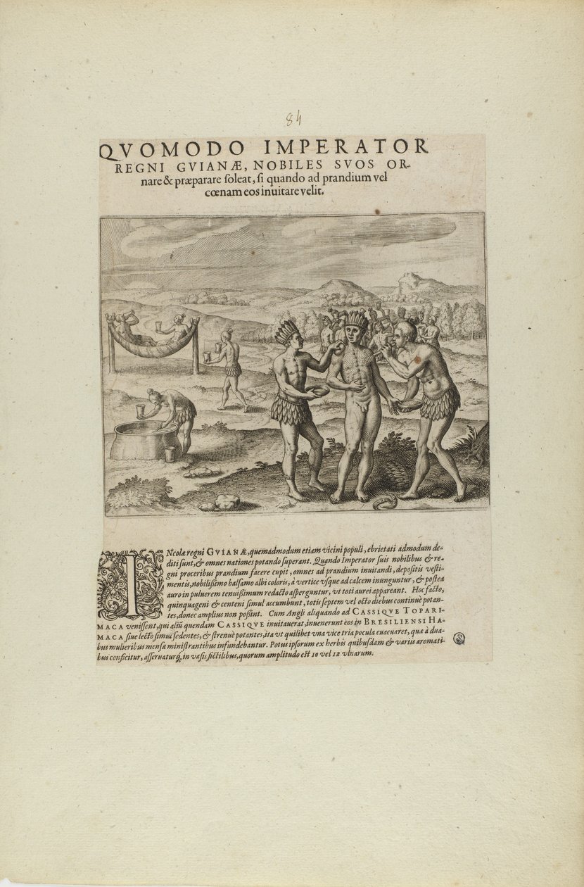 Quomodo Imperator/Regni Guianae, Nobiles Suos Or-/Nare.... (z książki Americae, część siódma i ósma) autorstwa Theodor de Bry
