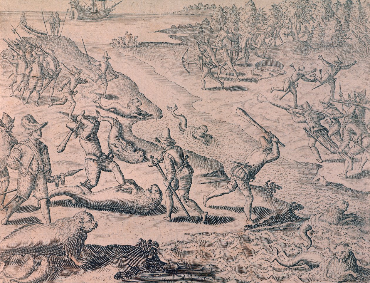 Rzeź lwów morskich przez odkrywców autorstwa Theodor de Bry