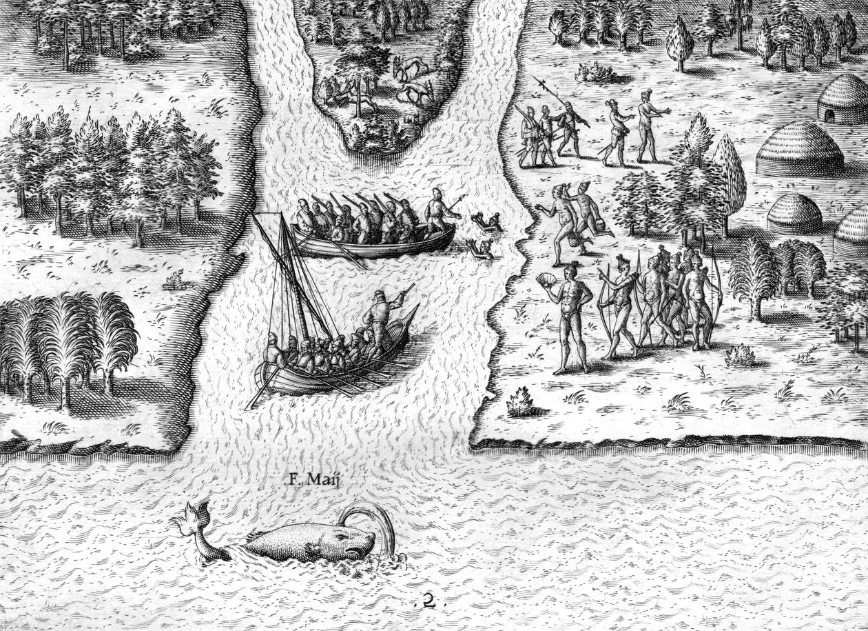 Francuskie żagle na rzece May autorstwa Theodor de Bry