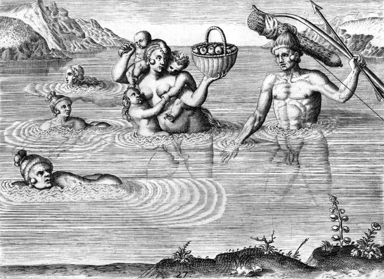 Rodzina Indian Timucuan przekraczająca rzekę autorstwa Theodor de Bry