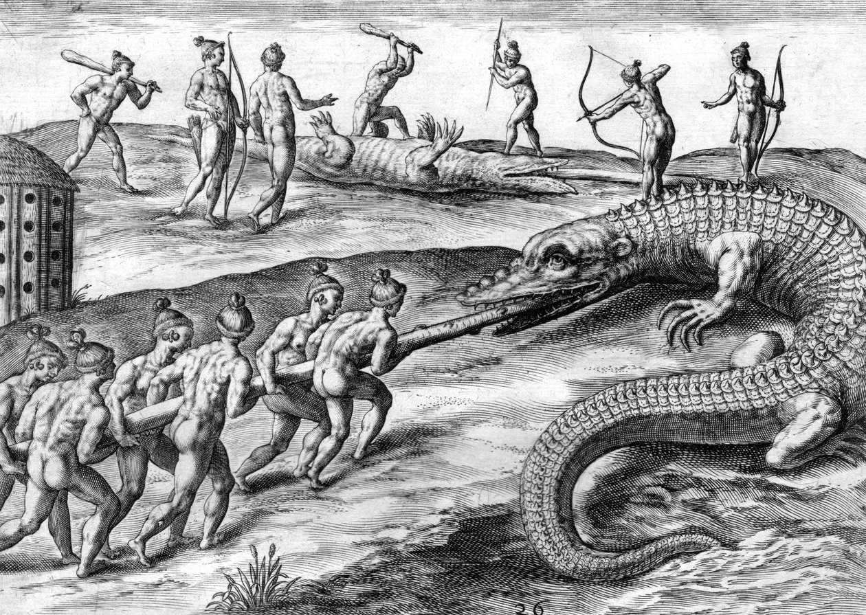 Indianie Timucuan polujący na aligatory autorstwa Theodor de Bry