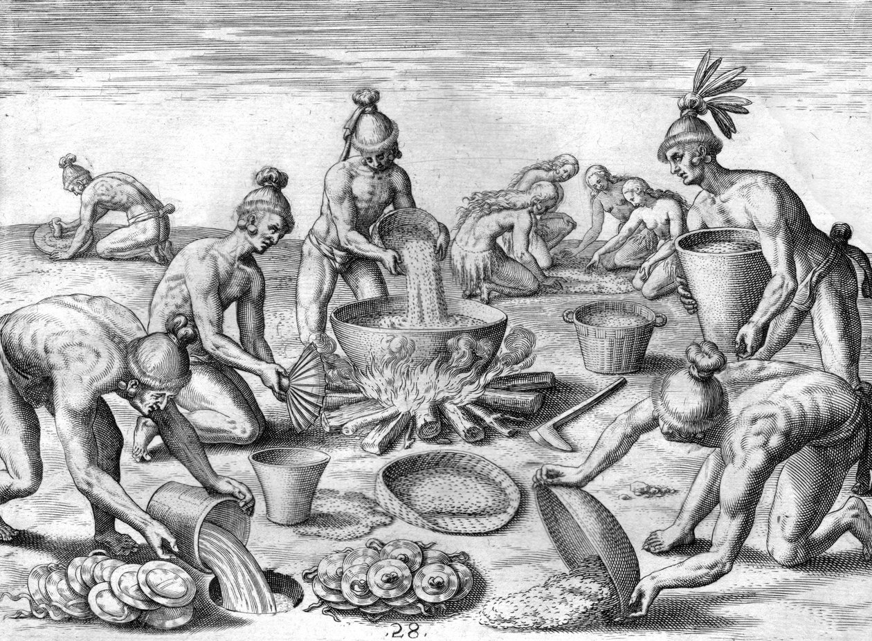 Indianie Timucuan przygotowujący ucztę autorstwa Theodor de Bry