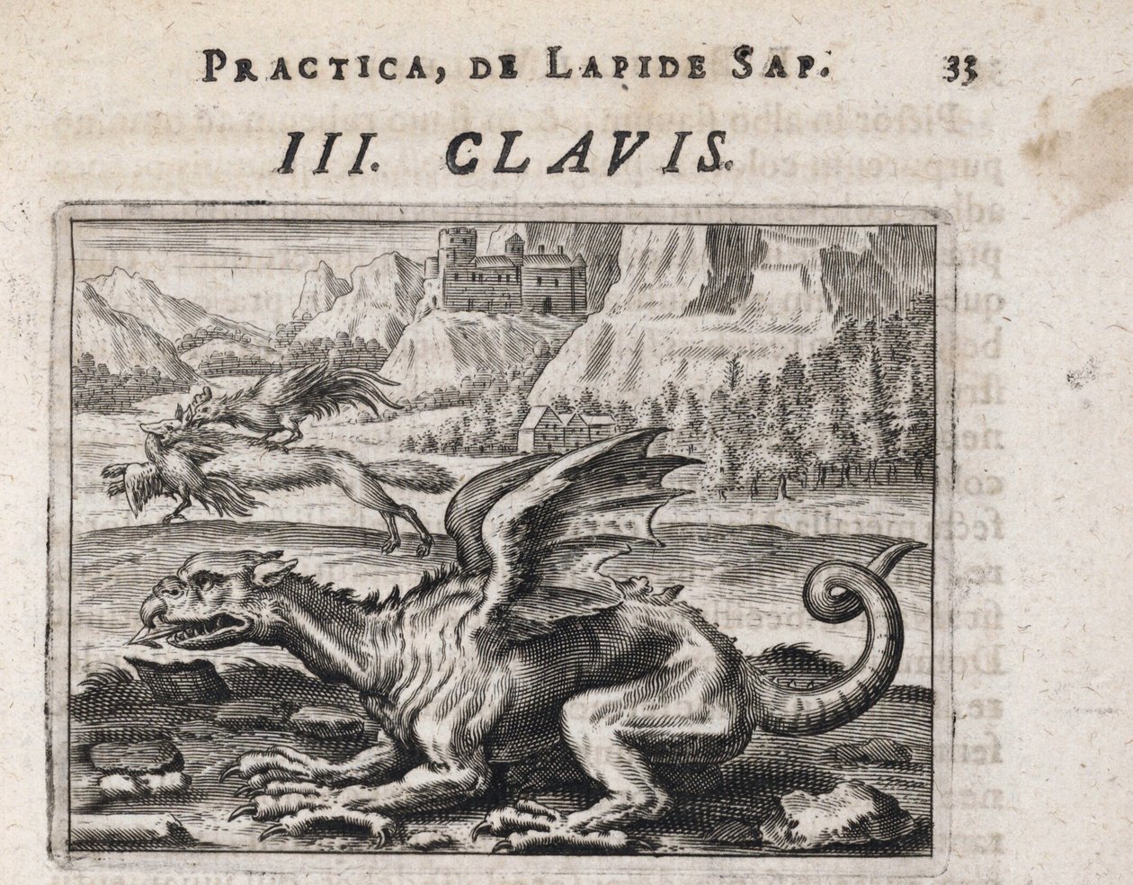 Smok, w tle wilk kradnący kury, zaatakowany przez koguta - Rycina Theodore de Bry (1528-1598), do traktatu alchemicznego "Tripus avreus, hoc est, Tres tractatus chymici selectissimi" Michaela Maiera (1569-1622) autorstwa Theodor de Bry