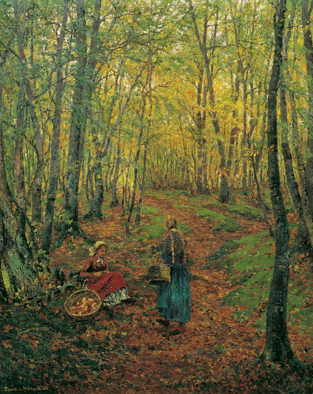 Wnętrze lasu z dziewczyną szukającą grzybów autorstwa Theodor von Hormann