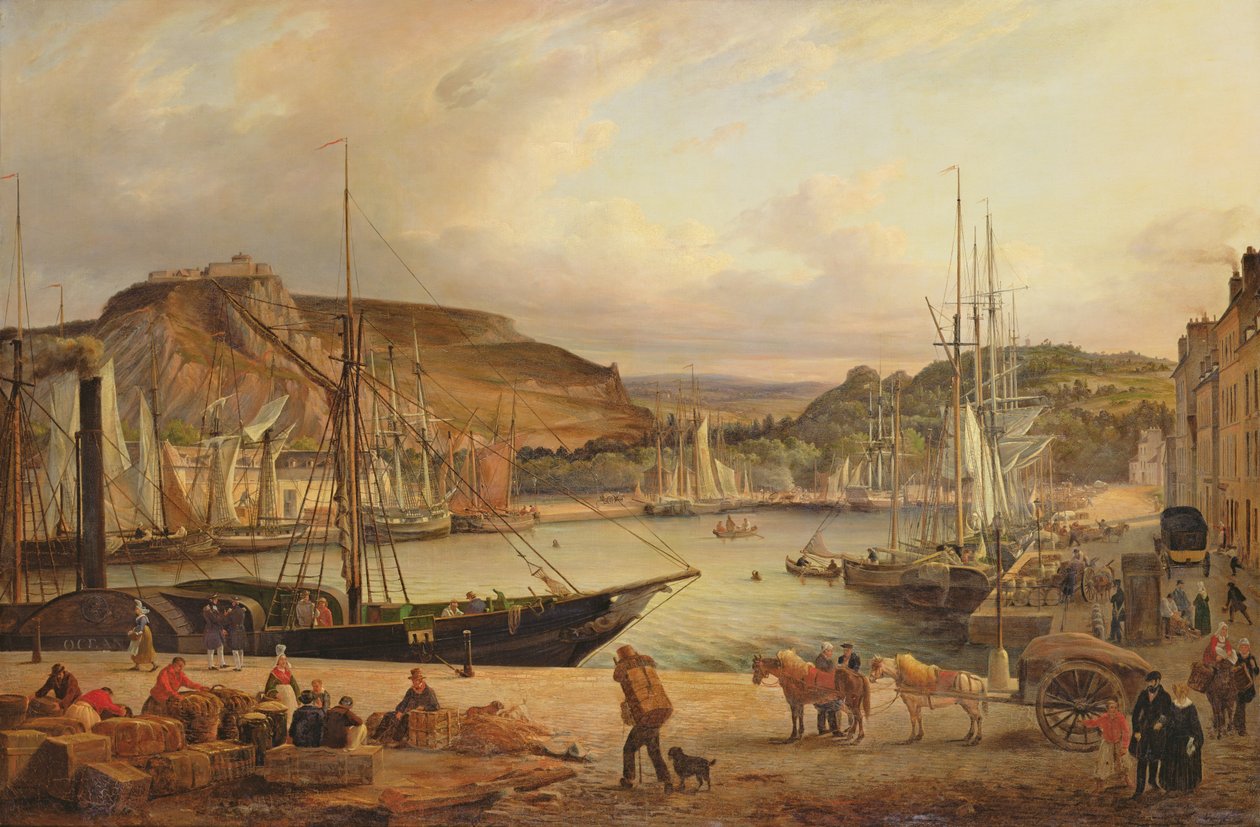 Widok na port handlowy w Cherbourg autorstwa Theodore Deslinieres
