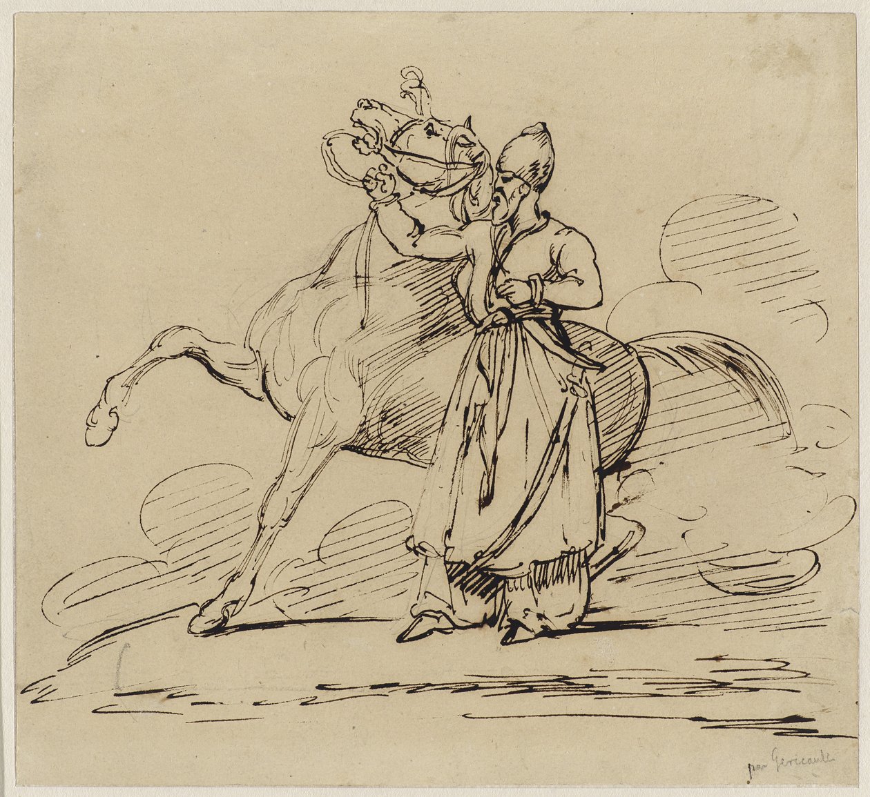 Persan tenant un cheval (Perski trzymający konia), ok. 1817-22 (pióro i brązowy atrament ze śladami grafitu na papierze tkanym) autorstwa Theodore Gericault