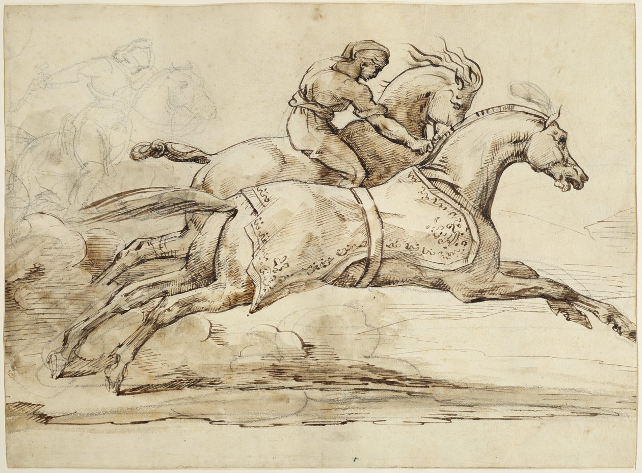 Scena z wyścigu koni Barberi (brązowy tusz i grafit na papierze wyłożonym bibułką) autorstwa Theodore Gericault