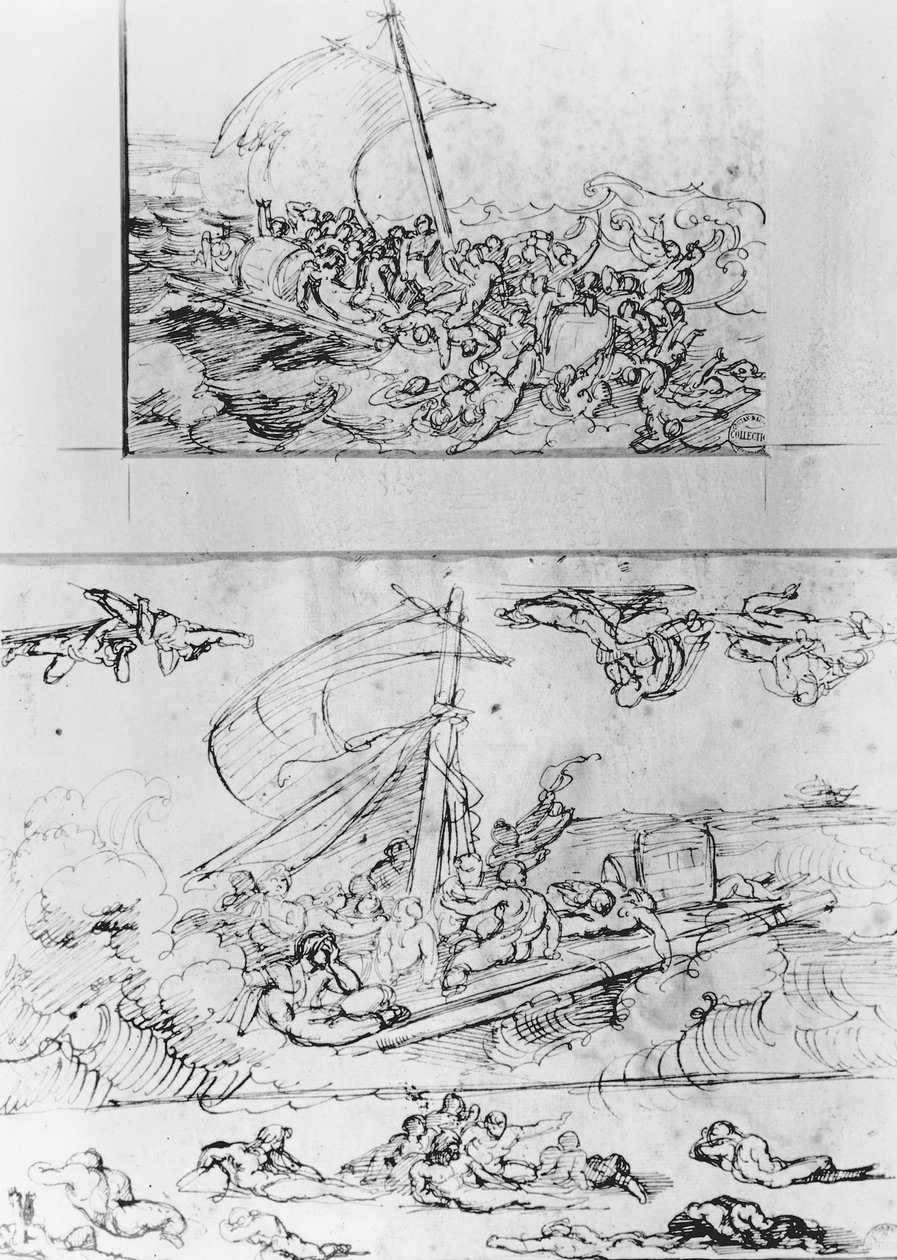 Dwa szkice do Tratwa Meduzy, ok. 1819 (pióro i atrament) autorstwa Theodore Gericault