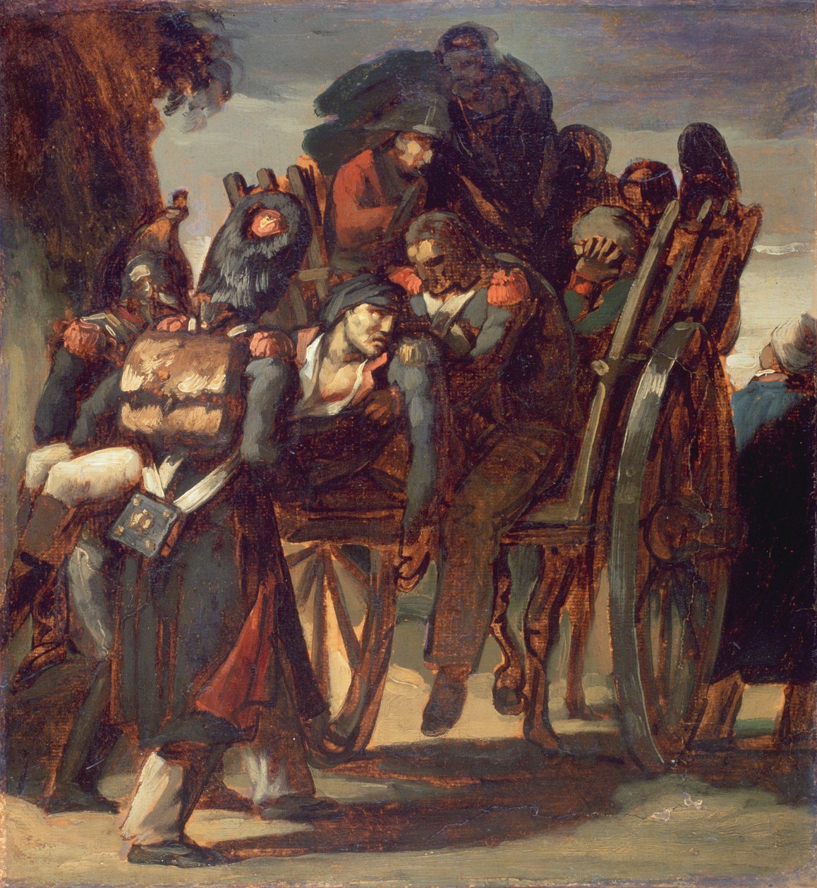Ranni żołnierze na wozie, 1814-17 (olej na papierze ułożony na płótnie) autorstwa Theodore Gericault