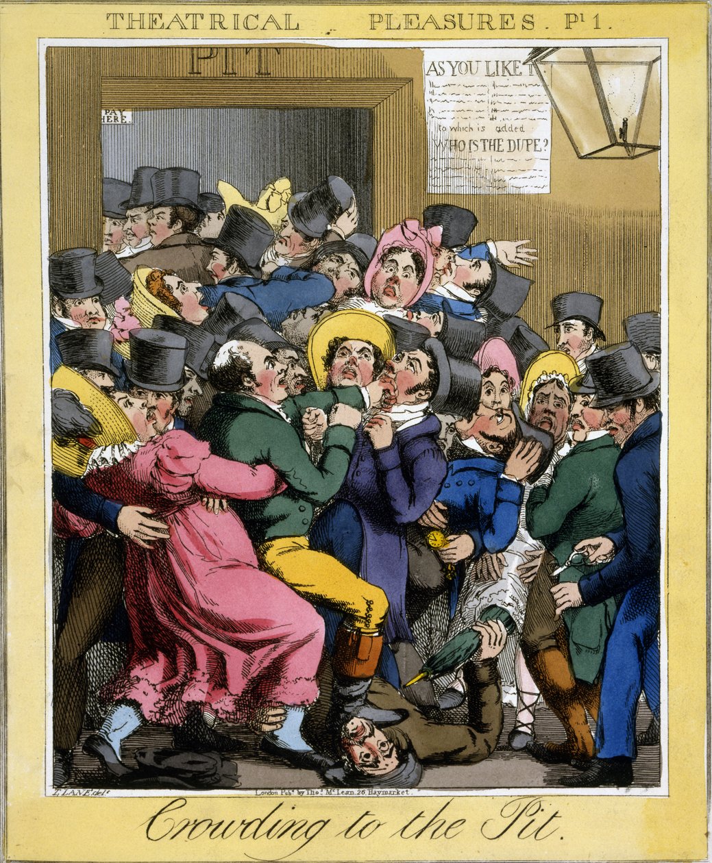 Crowding to the Pit, płyta 1 z Theatrical Pleasures, wyd. Tys. McLean, Londyn, 1821 (ręcznie barwiony grawerunek) autorstwa Theodore Lane