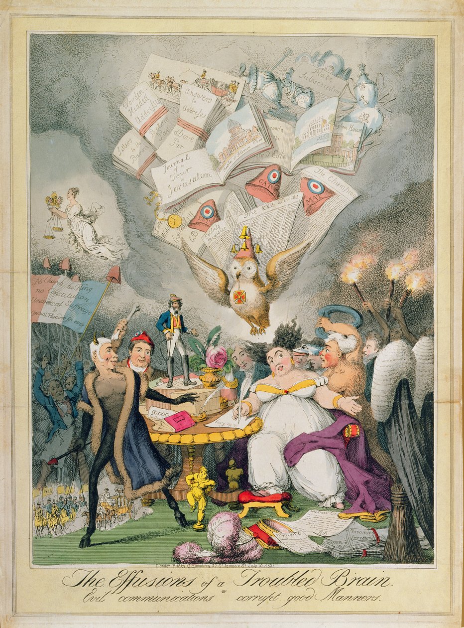 The Effusions of a Troubled Brain lub Evil Communications Corrupt Good Manners, opublikowana przez G. Humphreya, 1821 (kolorowa akwaforta) autorstwa Theodore Lane