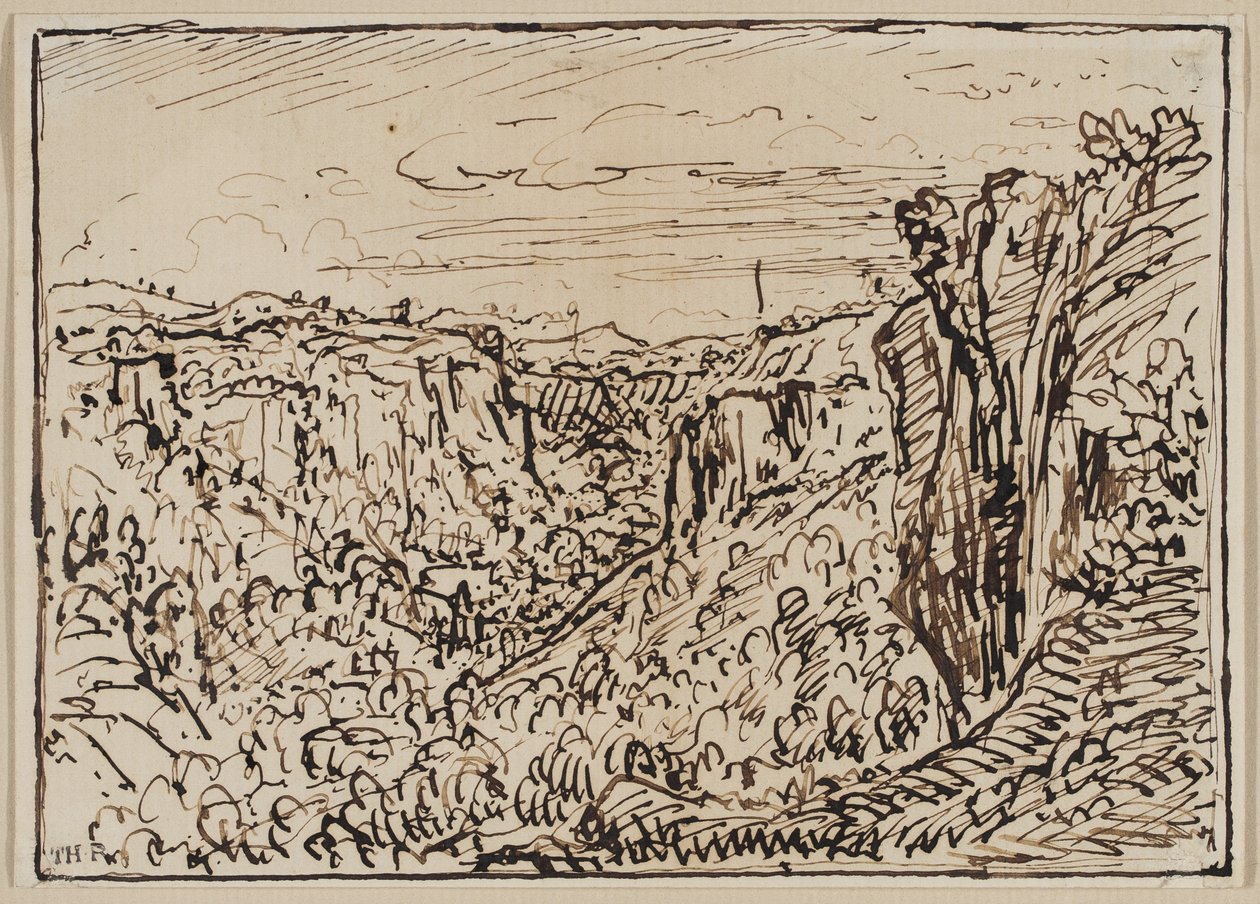 Krajobraz pagórkowaty (przełom rzeki Lizon), ok. 1900 r. 1861-63 (tusz na papierze) autorstwa Theodore Roussel