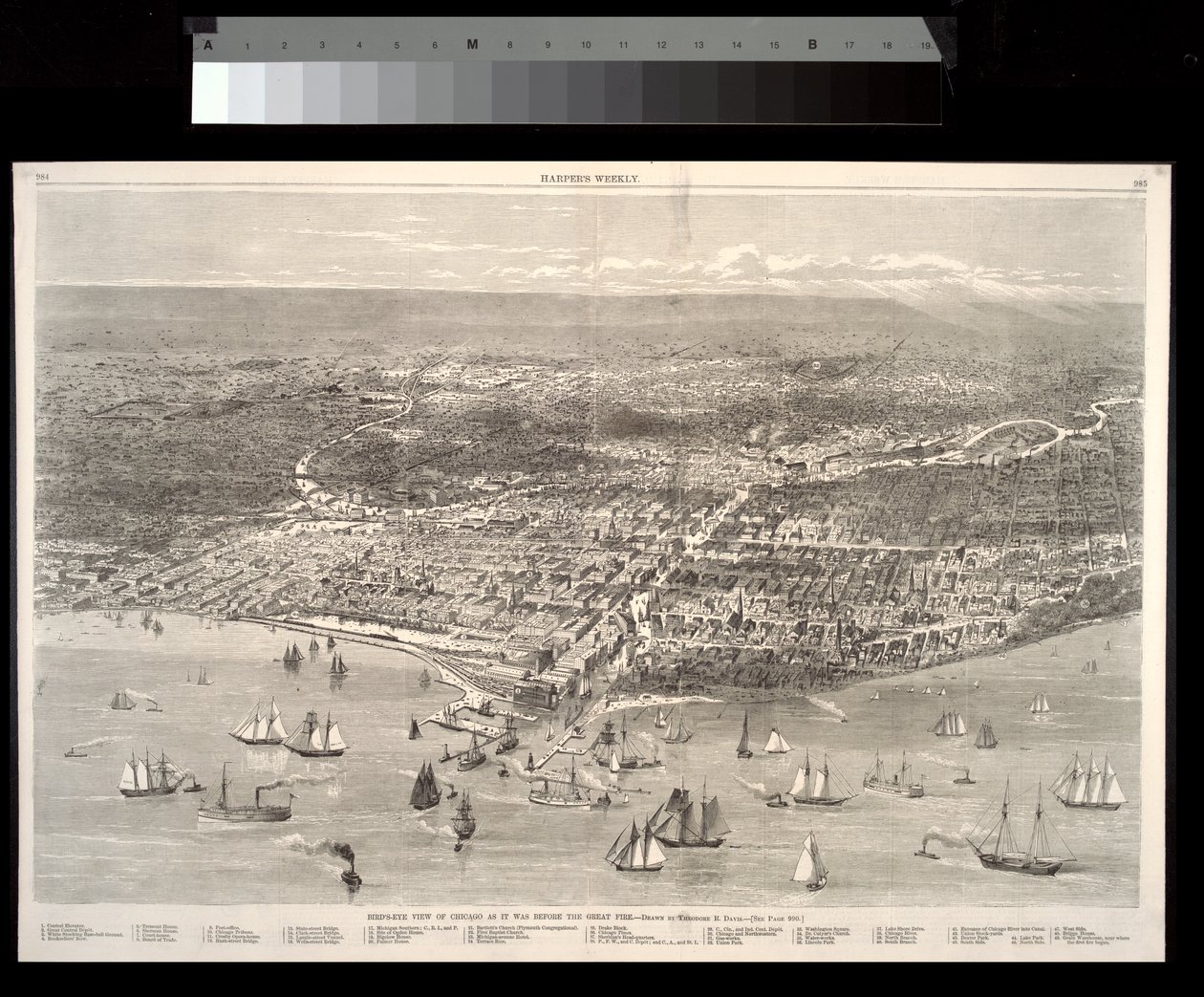 Widok z lotu ptaka na Chicago przed wielkim pożarem, 1871 r. autorstwa Theodore Russell Davis