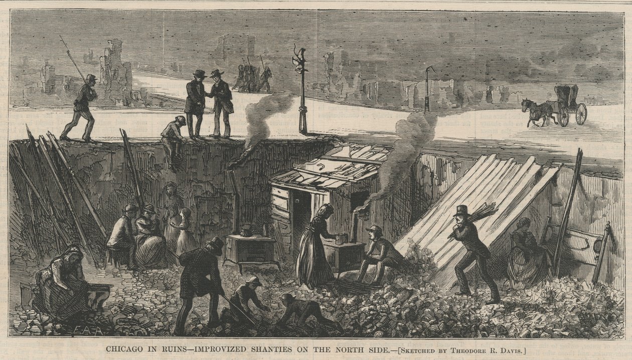 Chicago w ruinach – Improwizowane szanty po północnej stronie, ilustracja z Harpers Weekly, 1871 autorstwa Theodore Russell Davis