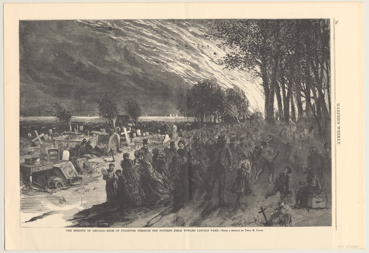 The Burning of Chicago - pęd uciekinierów przez pole garncarzy w kierunku Lincoln Park, ilustracja z Harpers Weekly, 1871 autorstwa Theodore Russell Davis