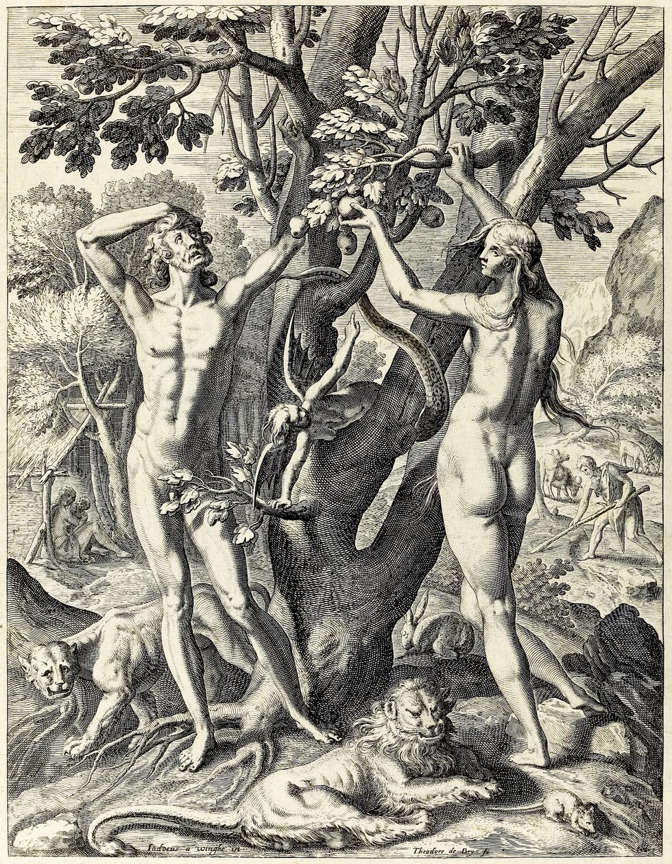 Adam i Ewa w ogrodzie Eden autorstwa Theodore de Bry