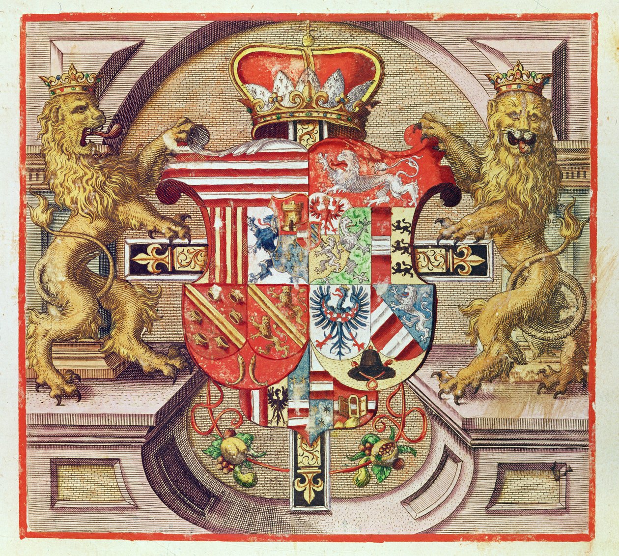 Admiranta Narratio..., Grafika herbowa (strona 3), 1585-1588 (grafika kolorowa) autorstwa Theodore de Bry