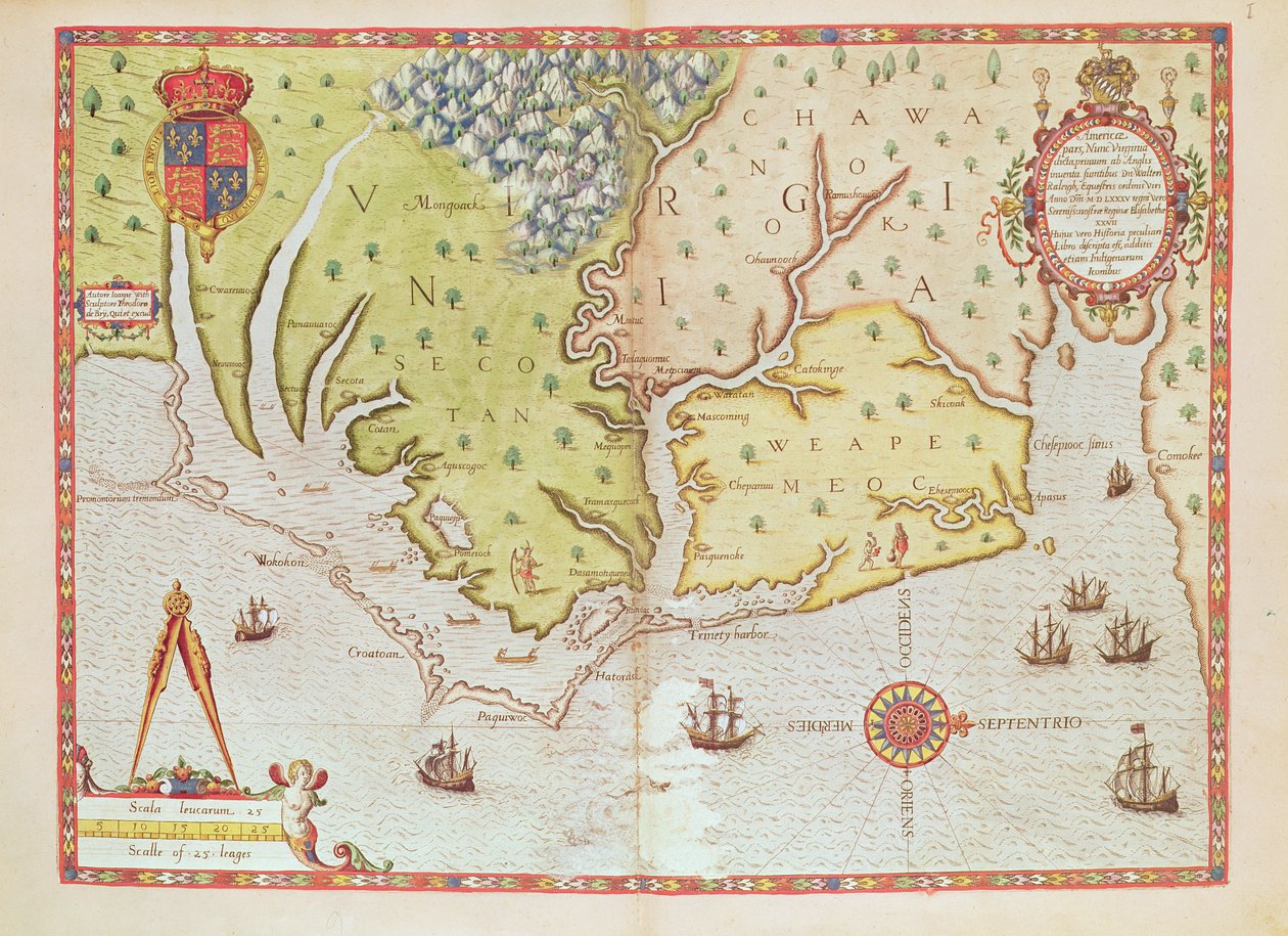 Admiranta Narratio... Mapa Wirginii (strony 44-45), 1585-1588 (kolor grawerowany_ autorstwa Theodore de Bry
