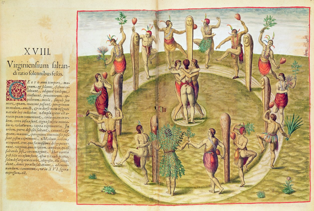 Admiranta Narratio, Wirgiński rytualny taniec przyjaźni (strona 85), 1585-88 (kolor grawerowany) autorstwa Theodore de Bry