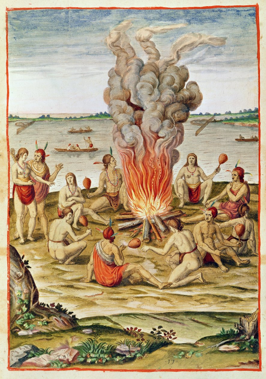 Admiranta Narratio, Święto Zwycięstwa wokół Ognia (strona 79, tablica 17), 1585-88 (kolorystyka) autorstwa Theodore de Bry