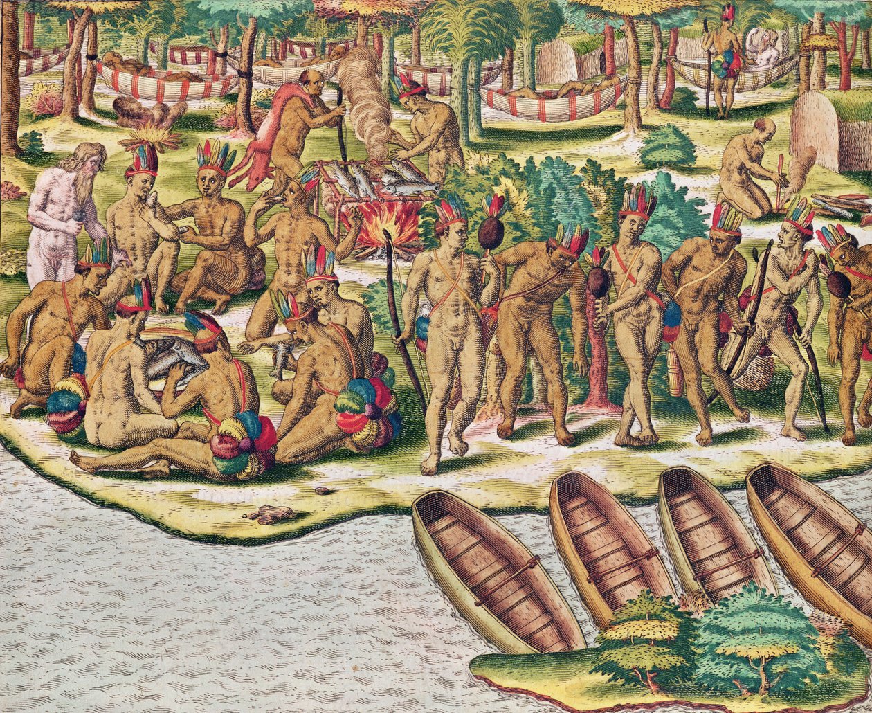 Americae Tertia Pars, obrady przed wyprawą przeciwko wrogom (strona 432), 1563 (kolor grawerowany) autorstwa Theodore de Bry