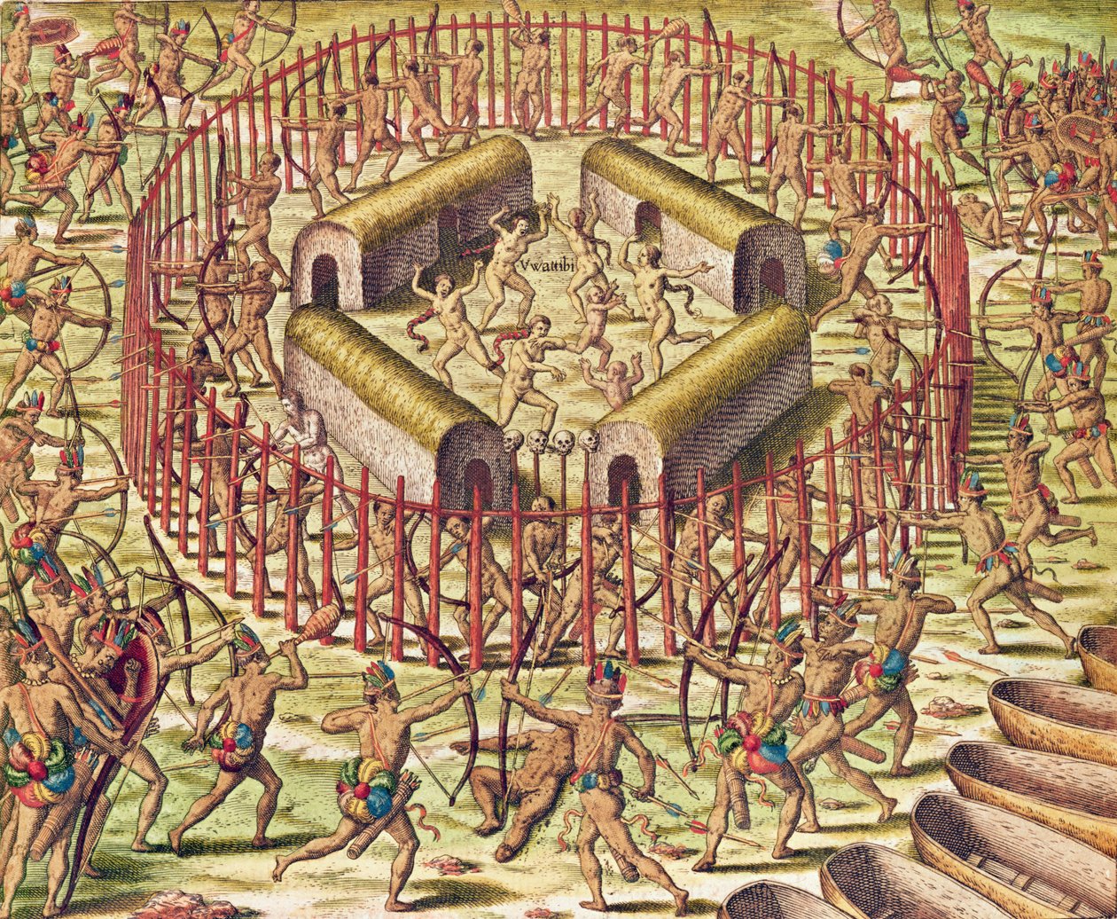 „Americae Tertia Pars”, atak na wieś pod Tuppinjkinsij (strona 364), 1562 (kolorowy grawerunek) autorstwa Theodore de Bry