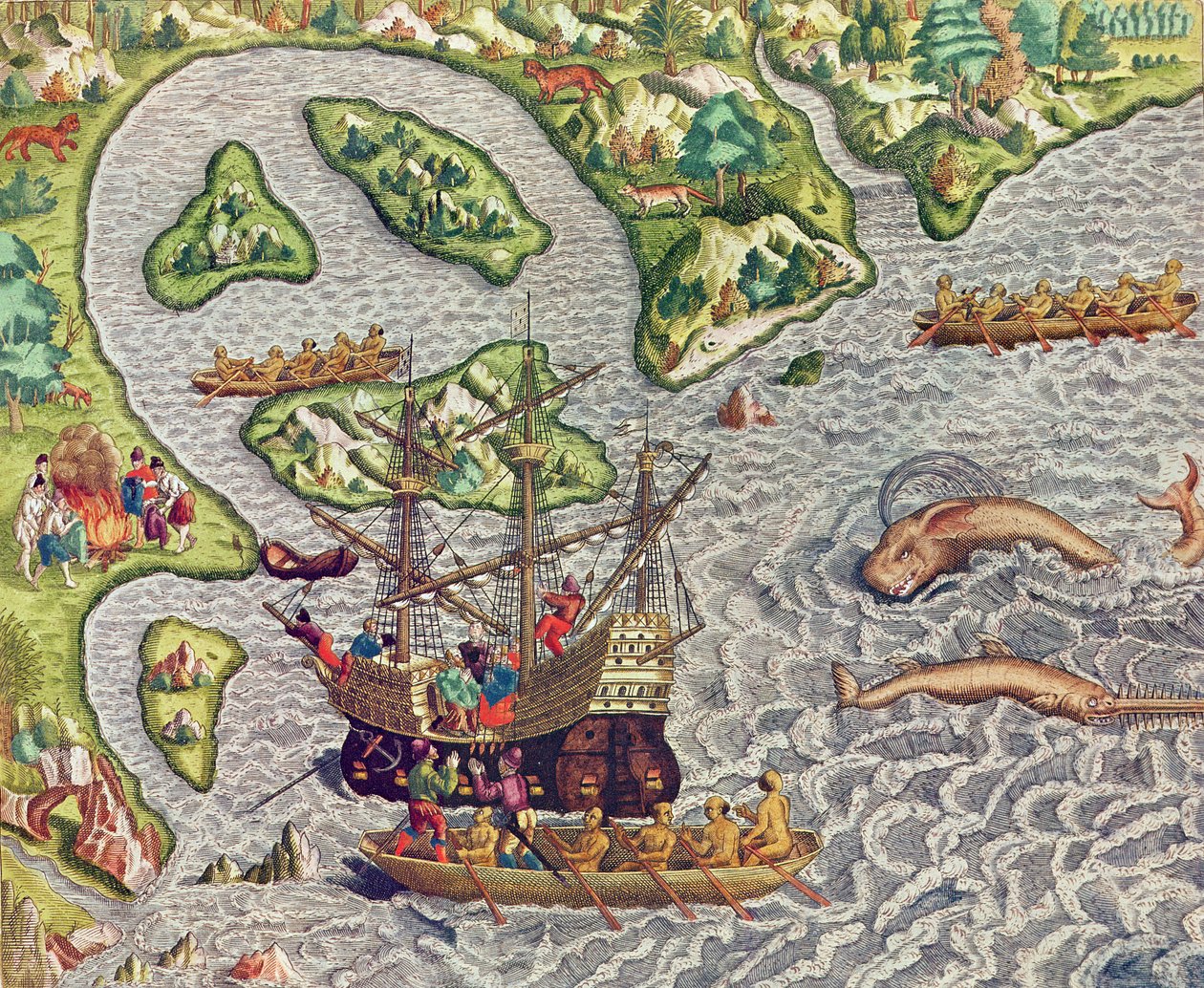Americae Tertia Pars, wejście na nasz statek przy pomocy barbarzyńskiej łodzi z pomocą barbarzyńskiej łodzi (strona 333), 1562 (kolorowe grawerowanie) autorstwa Theodore de Bry