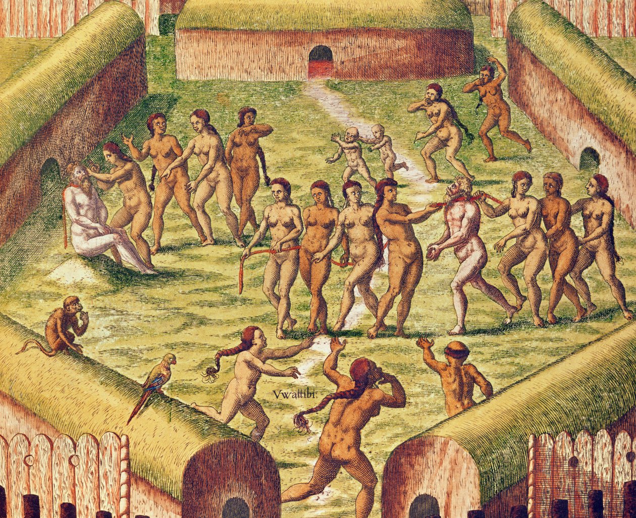 Americae Tertia Pars, więzień w środku wioski indiańskiej (strona 353), 1562 (kolor grawerowany) autorstwa Theodore de Bry