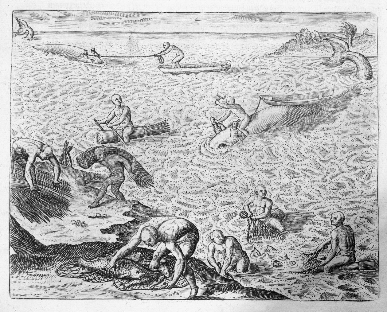 Połów wielorybów metodą Indian amerykańskich, z relacji Jose de Acosta, z „Newe Welt und Americanische Historien” Johanna Ludwiga Gottfrieda, wydanej przez Mattaeusa Meriana, Frankfurt, 1631 autorstwa Theodore de Bry