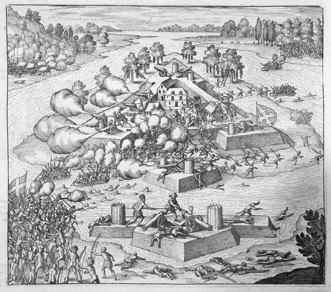 Zagłada francuskich osadników protestanckich, Fort Charles, Floryda, 1562, z „Newe Welt und Americanische Historien” Johanna Ludwiga Gottfrieda, wyd. Mattaeus Merian, Frankfurt, 1631 (pol. autorstwa Theodore de Bry