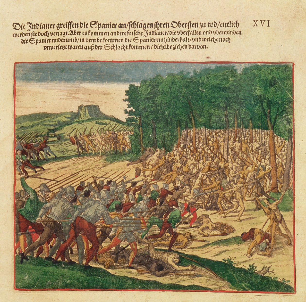 Bitwa między Indianami a Hiszpanami, w której pobito na śmierć hiszpańskiego pułkownika autorstwa Theodore de Bry
