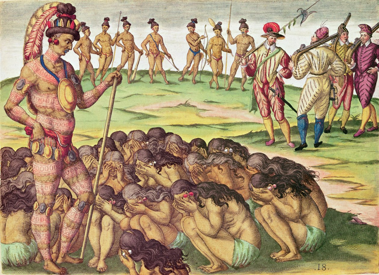 Brevis Narratio, kobiety, których mąż zginął w walce lub zmarł z powodu choroby, są przedmiotem roszczeń króla (strona 213), 1563 (kolorowe grawerowanie) autorstwa Theodore de Bry