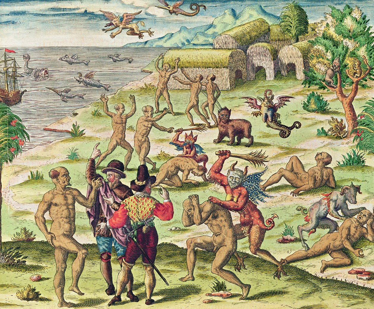 Cacodemon atakujący dzikusów, z „Americae Tertia Pars...”, 1562 autorstwa Theodore de Bry