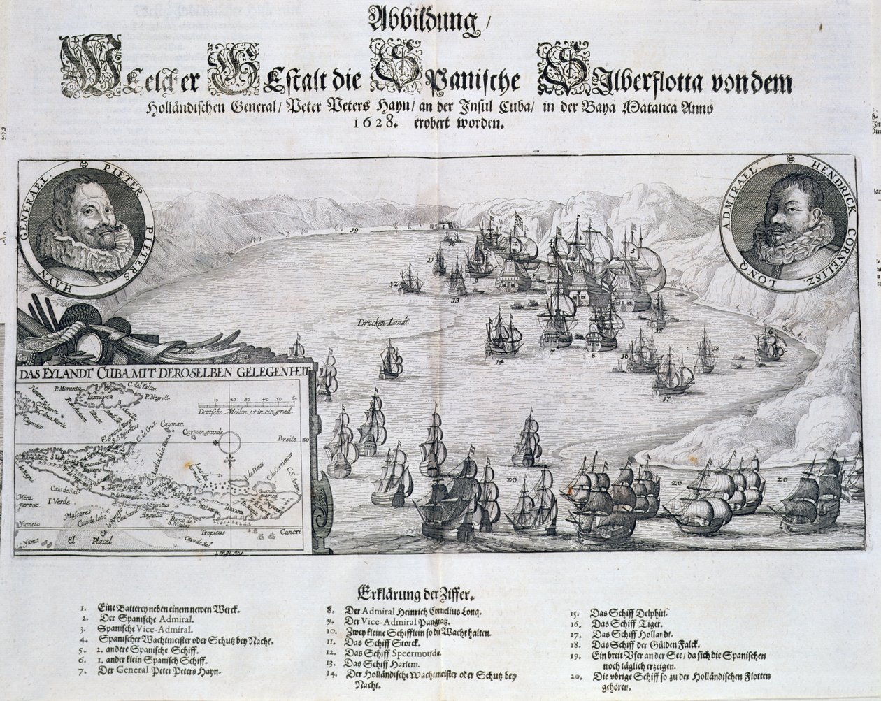 Zdobycie floty hiszpańskiej przez Holendrów pod dowództwem admirała Pieta Heyna (1578-1629) u wybrzeży Matanzas na Kubie, 1628, z "Newe Welt und Americanische Historien" Johanna Ludwiga Gottfrieda, wydanej przez Mattaeusa M autorstwa Theodore de Bry