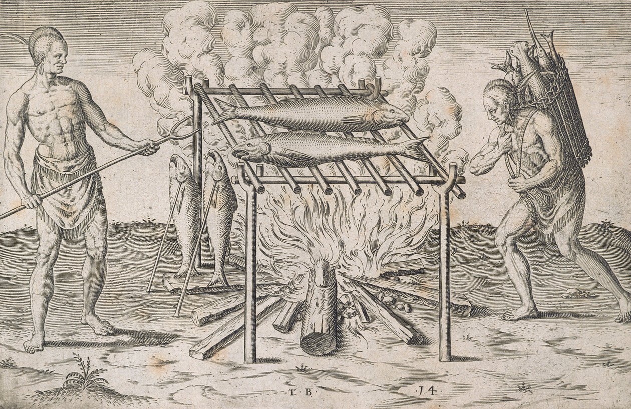 Cooking Fish, tablica XIII, z „Krótki i prawdziwy raport o nowo odkrytej ziemi Wirginii, Grand Voyages”, wydrukowanej przez Johanna Wechela w 1600 r. autorstwa Theodore de Bry