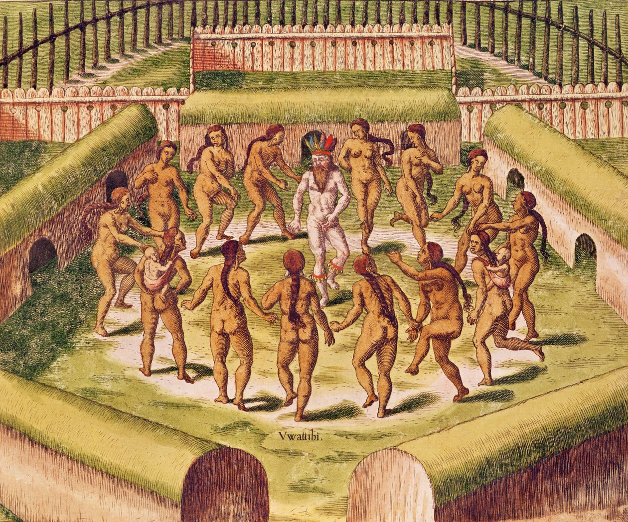 Tańczyć wokół jeńca przed chatą z Tamerkami lub bożkami, z „Americae Tertia Pars...”, 1562 autorstwa Theodore de Bry